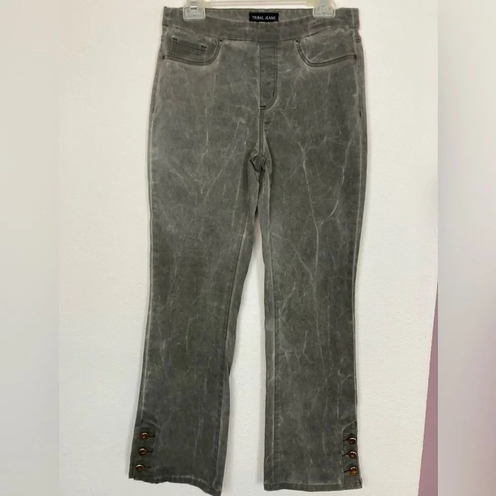 Tribal Gray Wide Leg Jeans Button Detail